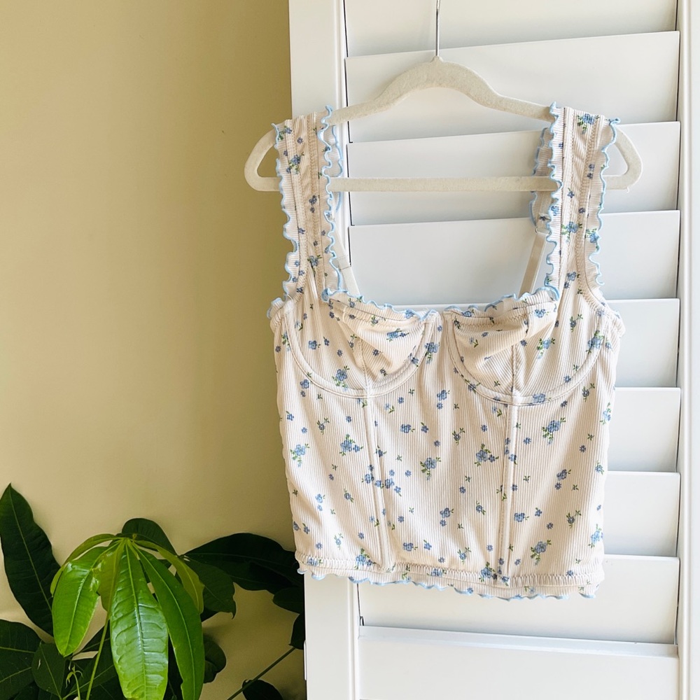 Urban Outfitters Cream Tank with Blue Floral Trim